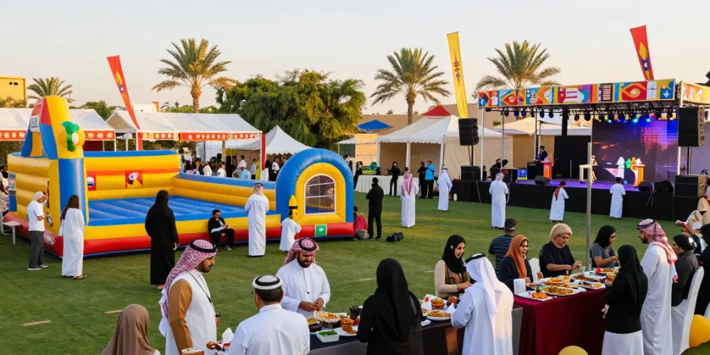Event rentals for vibrant outdoor festivals offering games, gourmet food, and decor in Saudi Arabia.