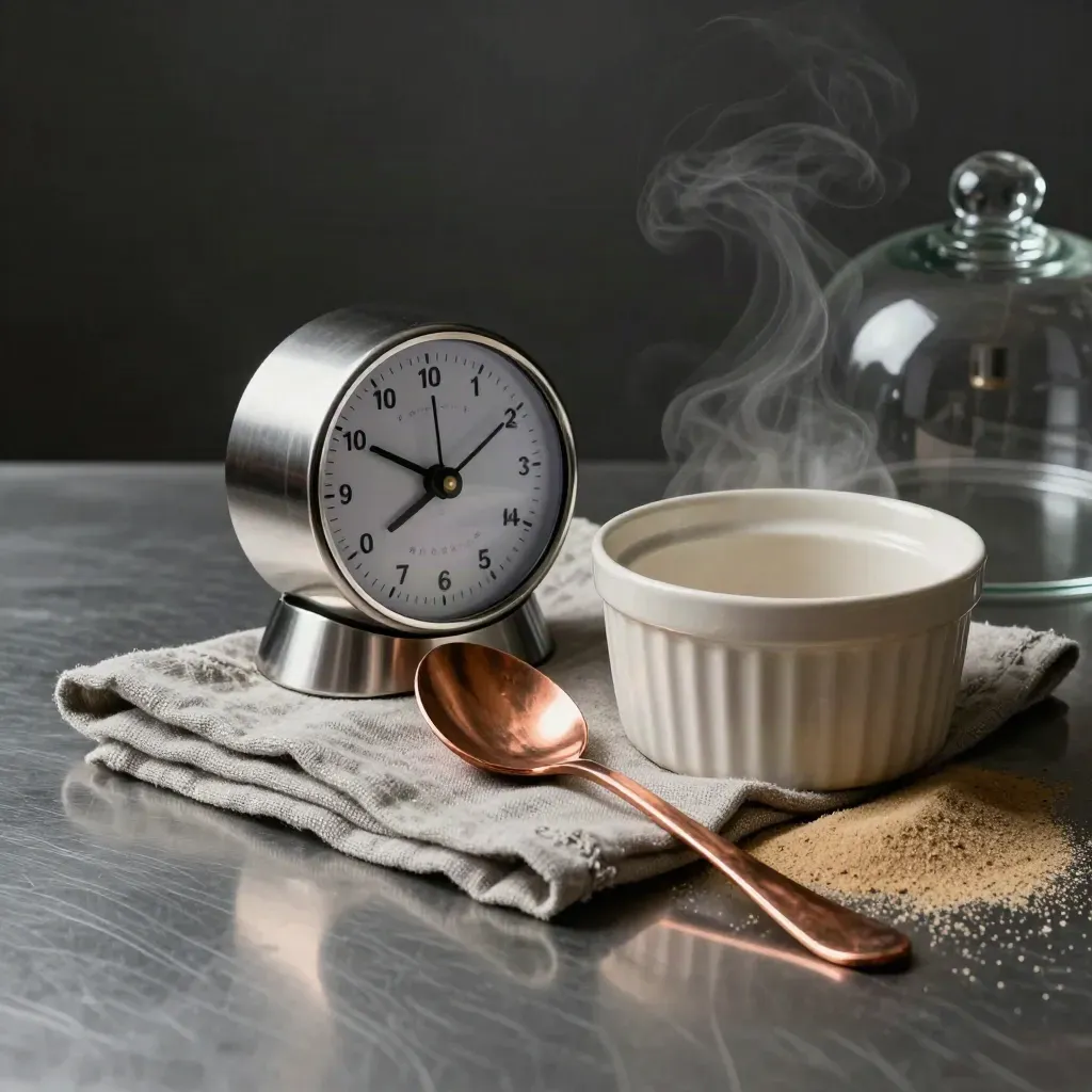 Chef timer, copper spoon rest, linen napkin and ramekin on brushed steel under dramatic kitchen light.