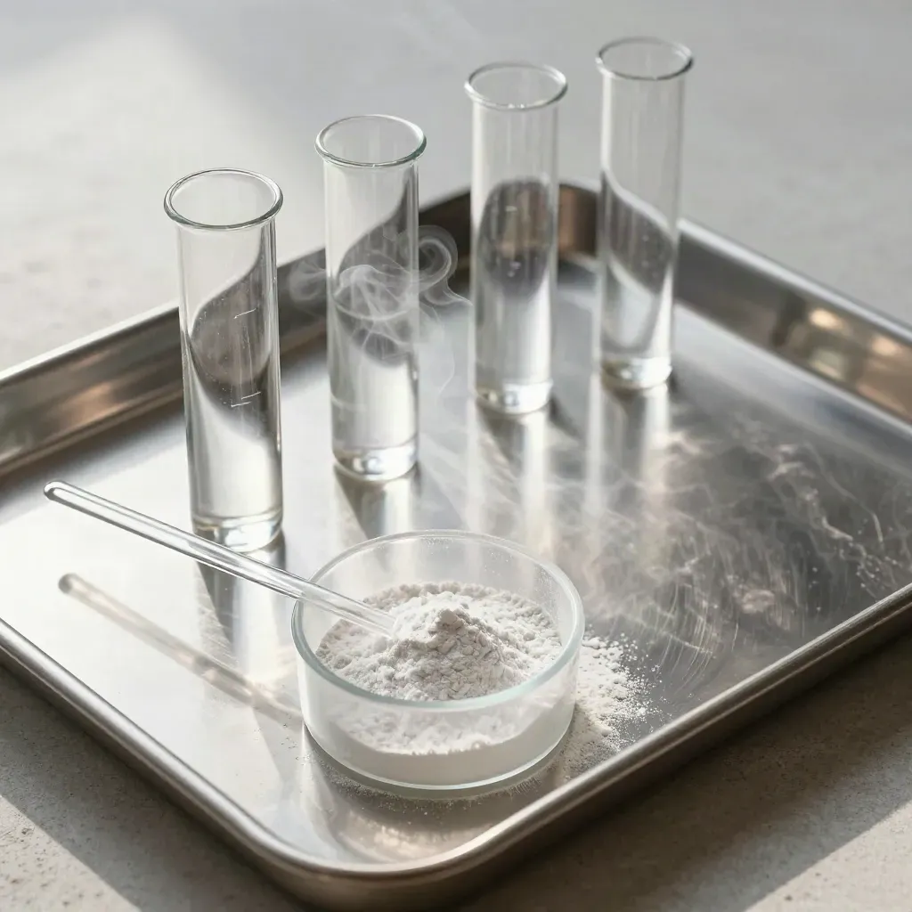 Lab vials, weighing boat, glass rod, and stainless tray on pale stone