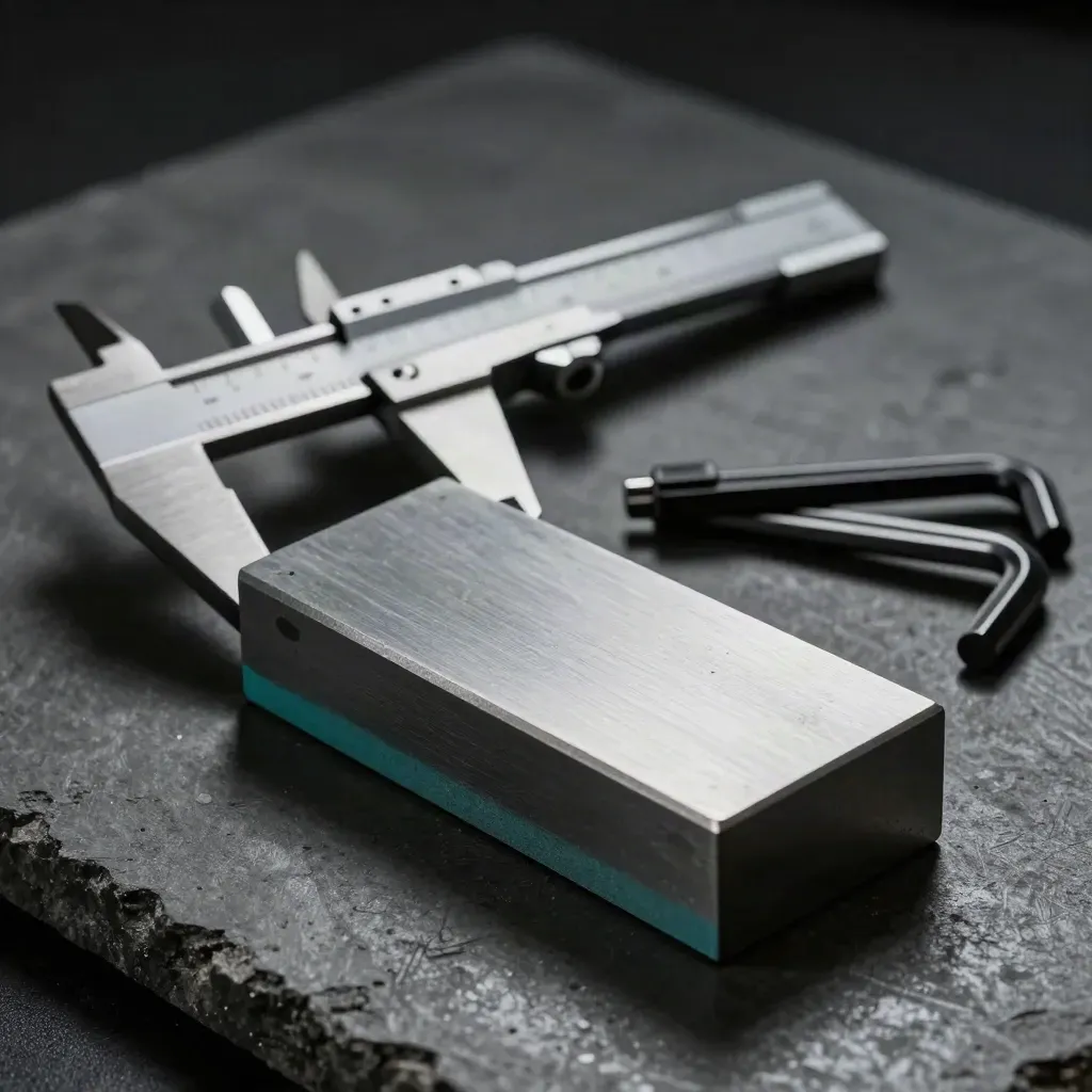 Steel calipers, micrometer, graphite block and hex keys on dark concrete in moody close-up.