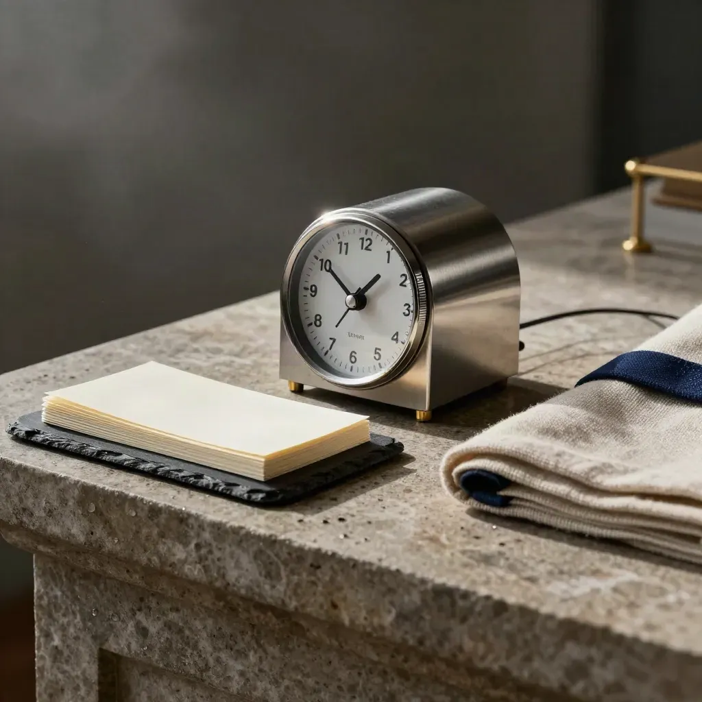 Brushed-steel rotary timer with slate tray, cream cards and linen folio on stone.