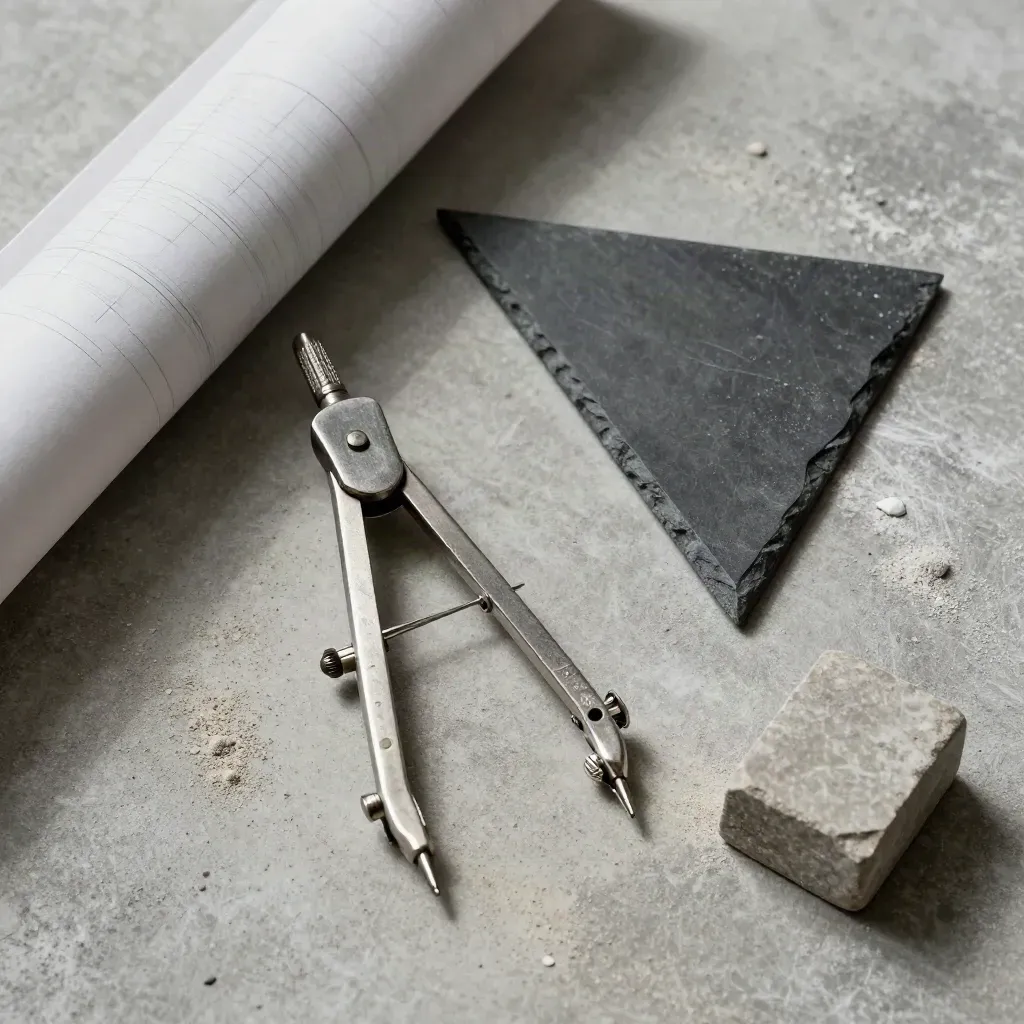 Overhead still life of an architect’s compass, tracing tube, triangle, and stone model on brushed concrete.
