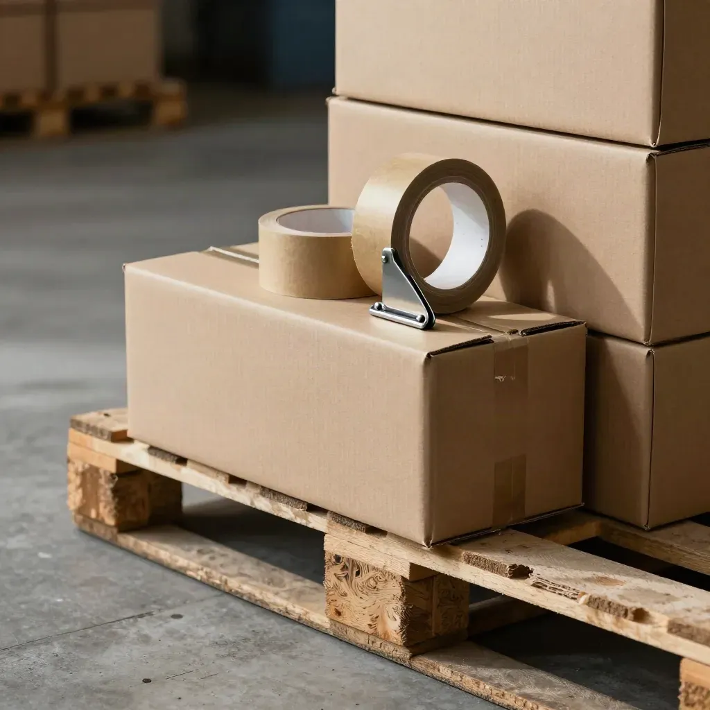 Cartons, kraft tape, steel buckle, and pallet board on a warehouse floor