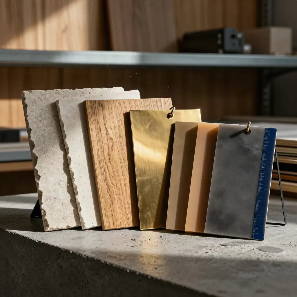 Material swatches and a corner gauge on concrete, lit by hard upper-left daylight.