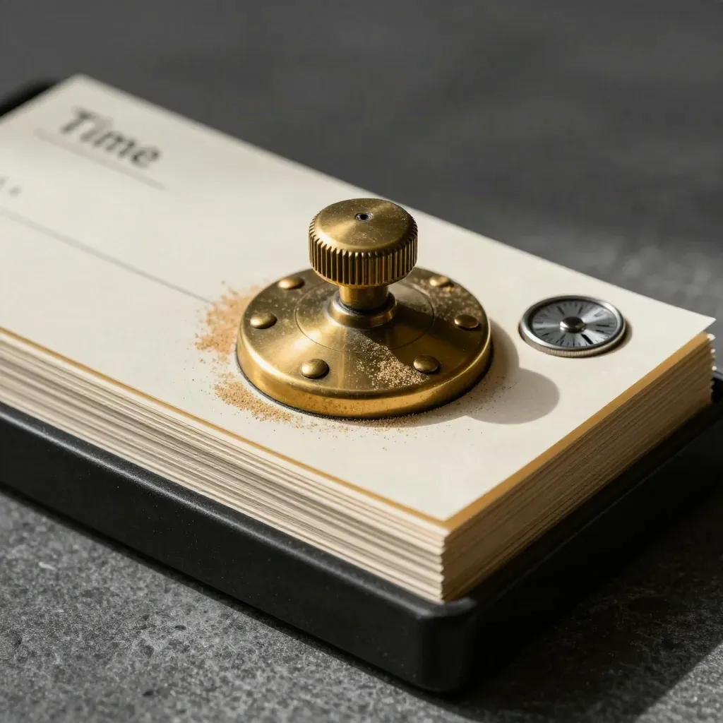 Brass tally counter beside stacked time cards and a date wheel in a black tray.