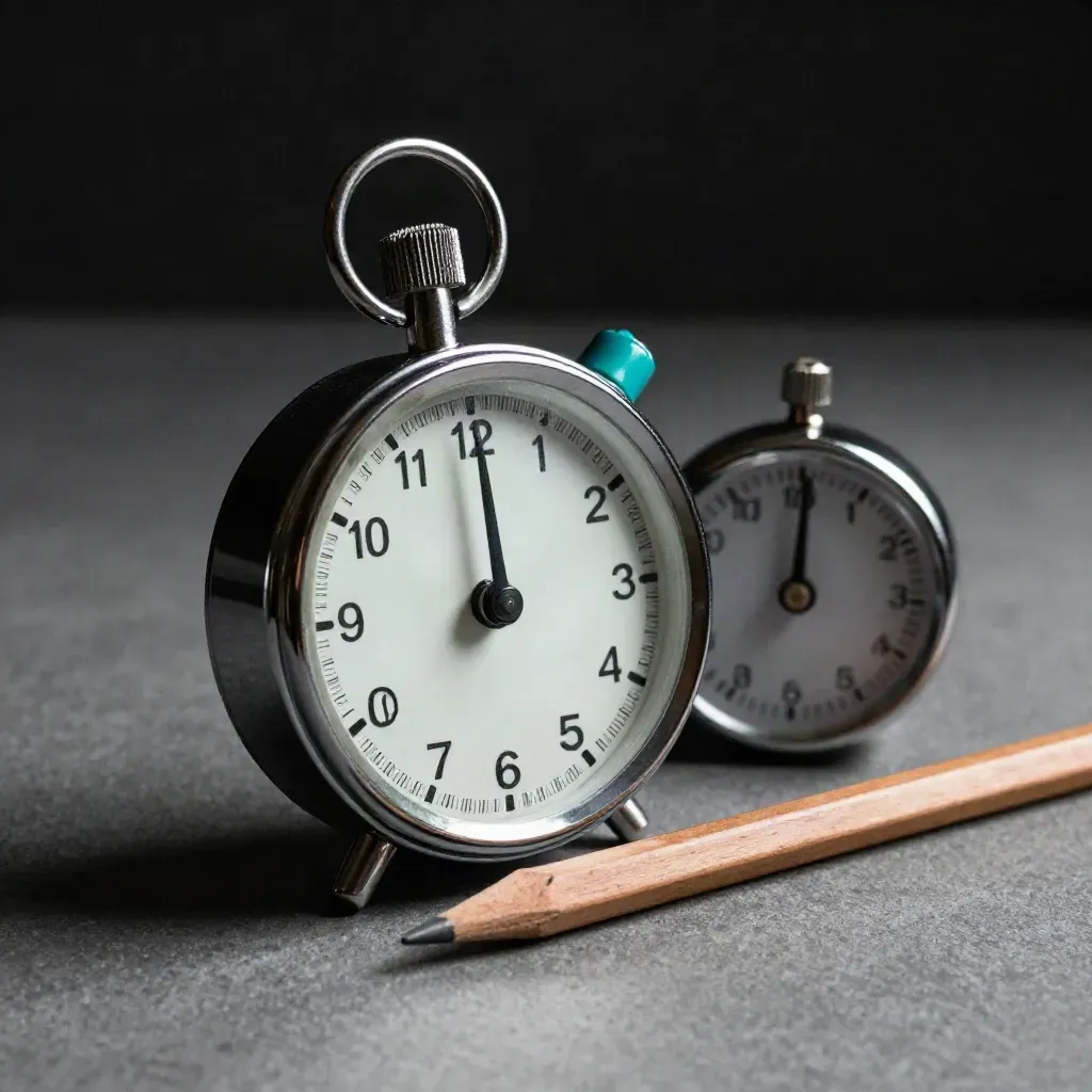 Chrome stopclock and lap timer on graphite with a pencil, lit dramatically