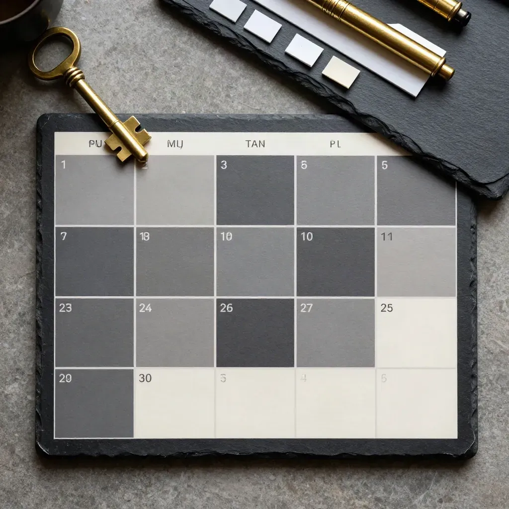 Overhead of slate date blocks, brass markers, and movable tabs arranged on a stone tray.