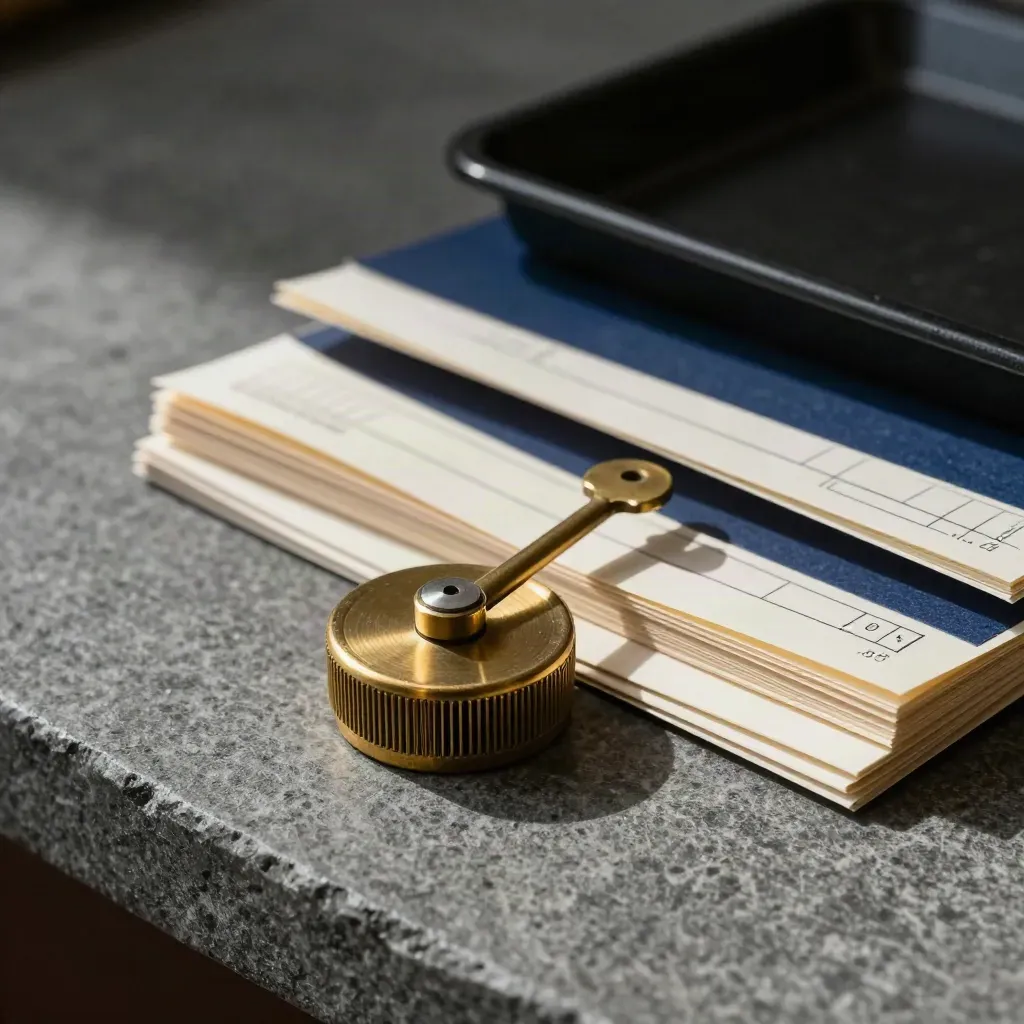 Brass adding-wheel counter, clipped billing slips and archival tray on graphite stone.