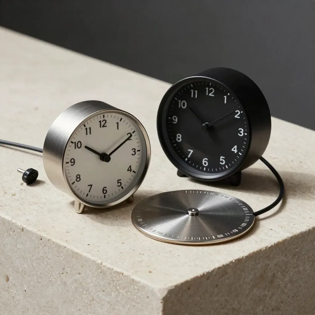 Two synced desk clocks beside a metal time-zone disc and coiled cable on pale stone.