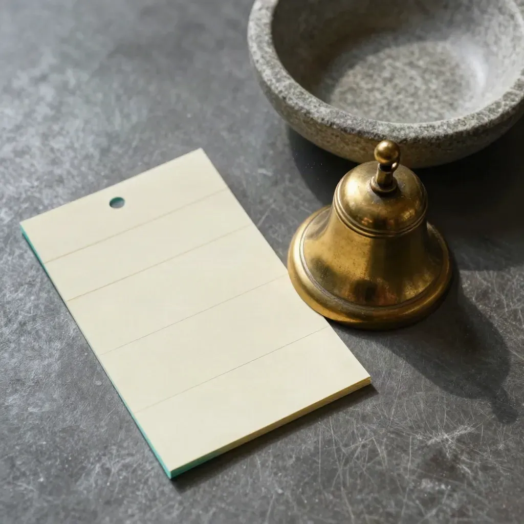 Brass reminder bell with blank tabs and stone bowl on brushed metal