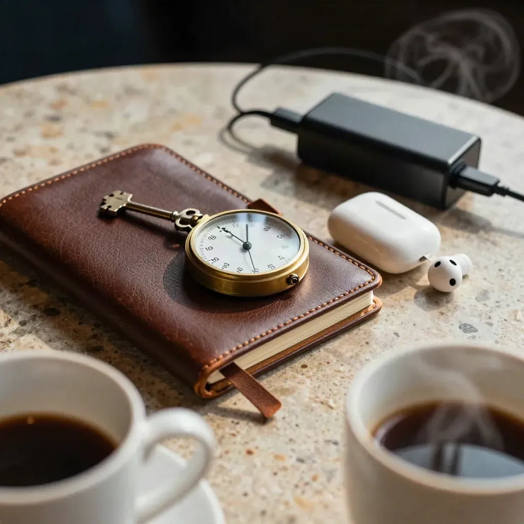 Freelancer kit still life: leather notebook, brass timer, earbud case, charger block on a cafe stone table.