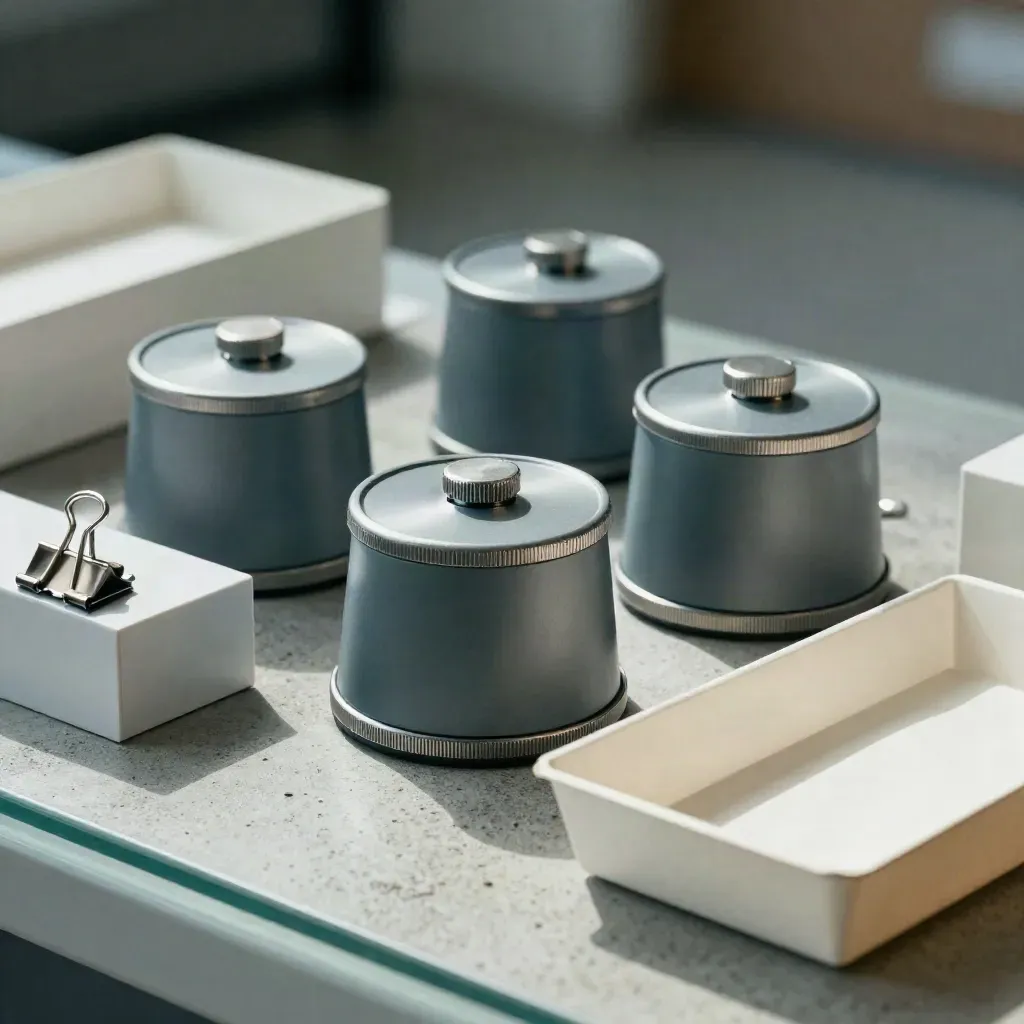 Timers, task blocks, binder clips and a paper tray on concrete, seen through blurred glass