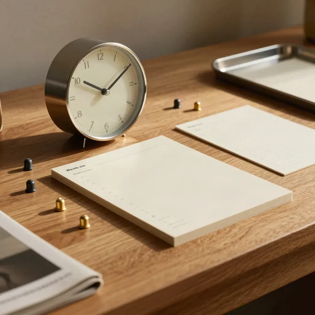 Shared planning clock, cards and task pegs on an oak table, seen through a blurred clip.