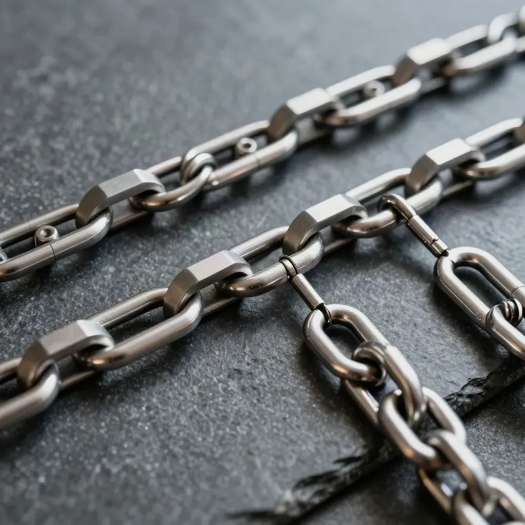 Metal links and rings forming a precise chain on dark graphite stone