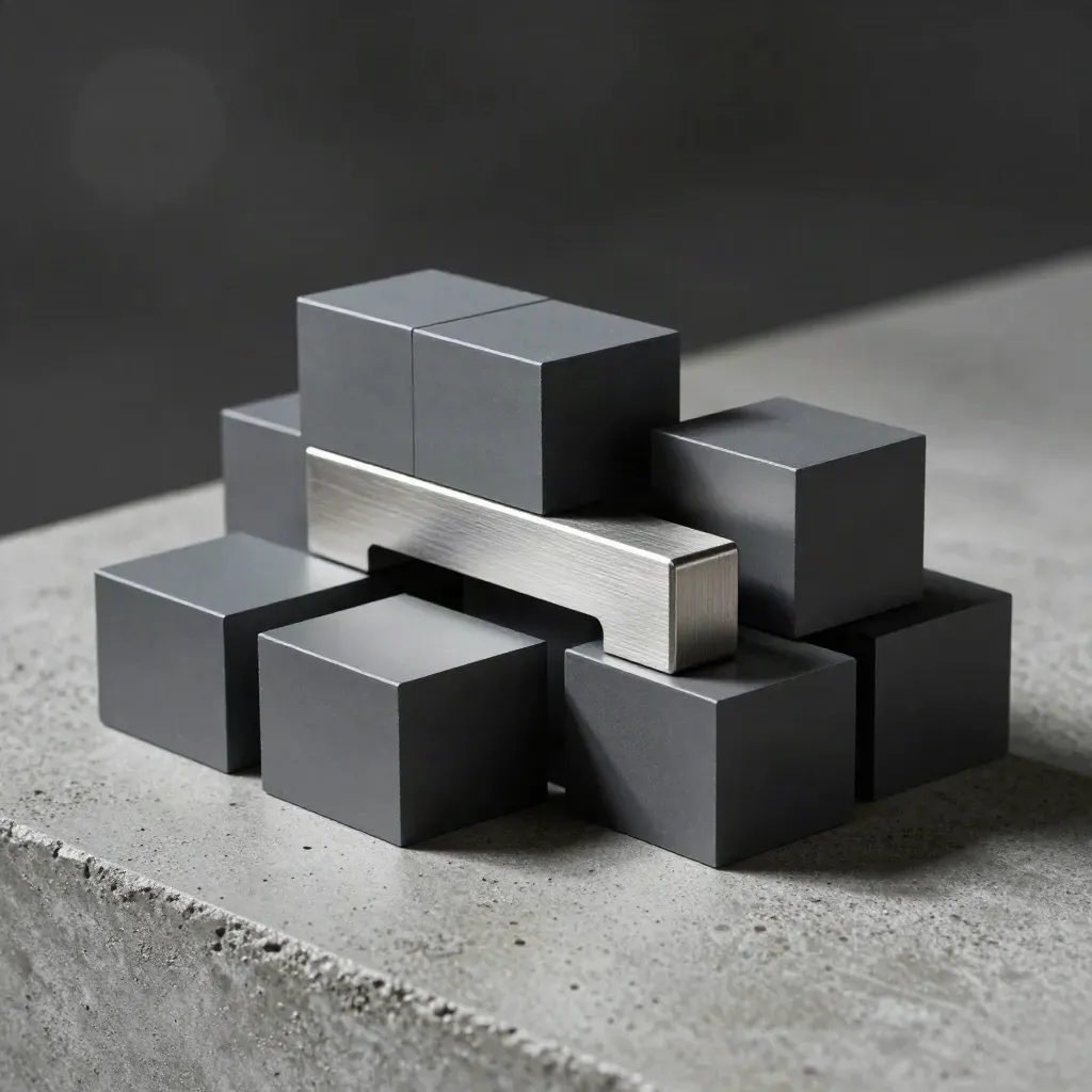 Graphite modular blocks linked by a metal bridge on brushed concrete under dramatic studio light