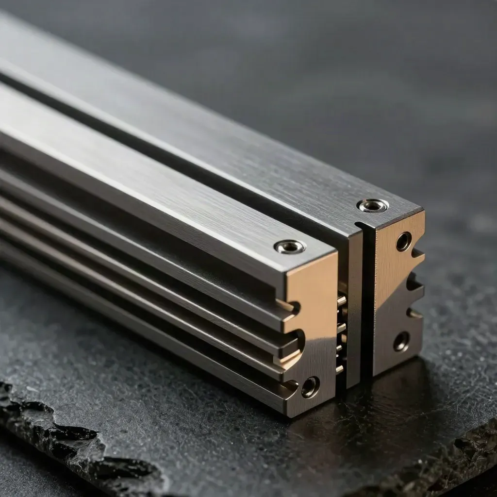 Macro of anodized tabs and a precision bracket rail on dark stone with warm sand accents.