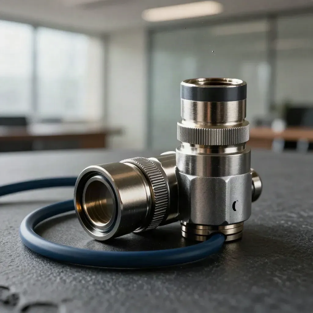 Two matte metal couplers with a gasket and cable loop on brushed steel in soft haze.